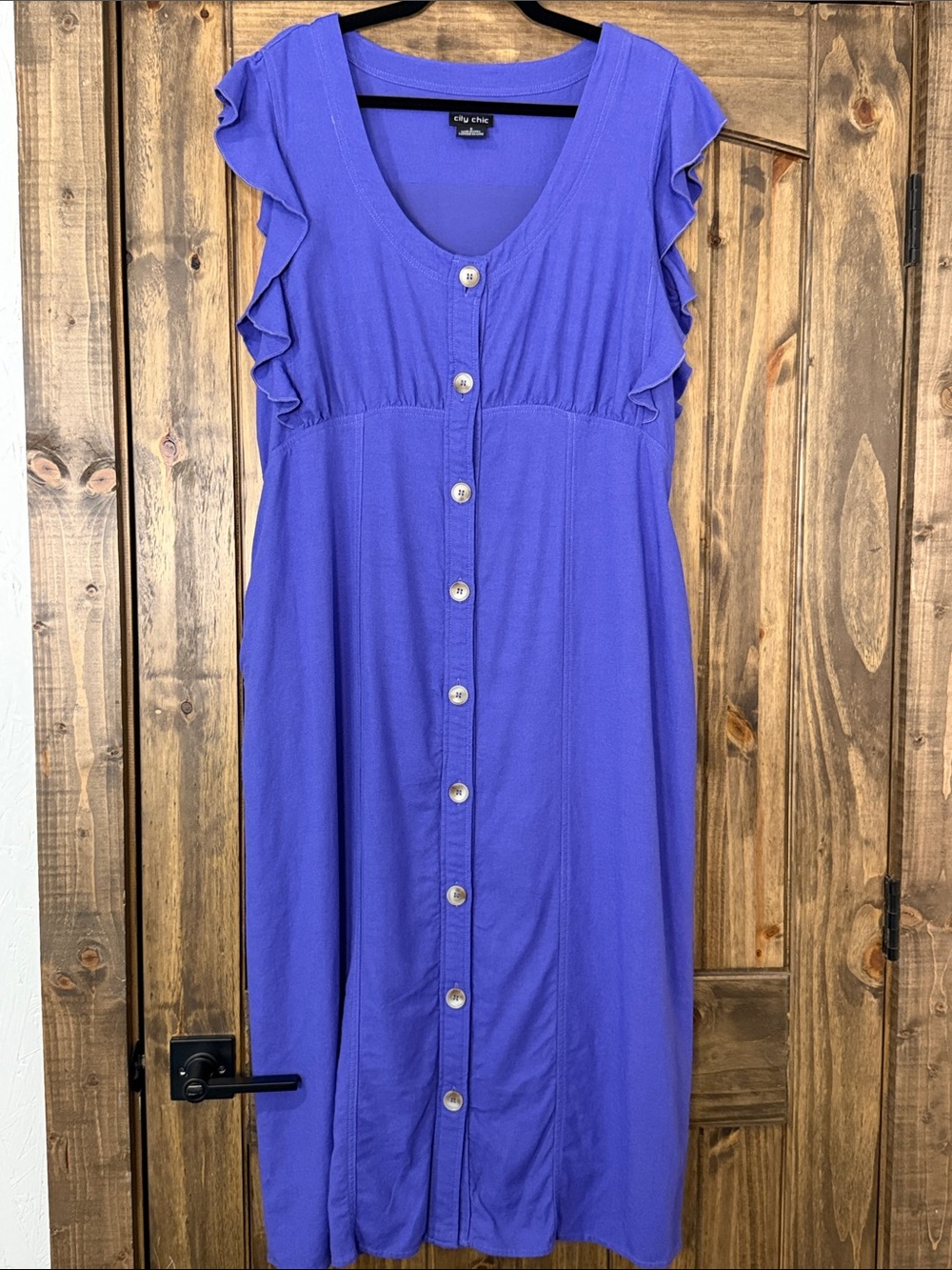 City Chic Violet Button-Front Maxi Dress with Ruffle Sleeves